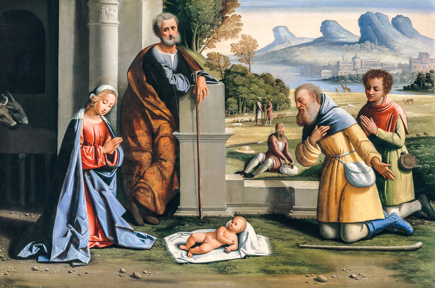 The Adoration of the Shepherds (1512) by L'Ortolano (Giovanni Battista Benvenuti)