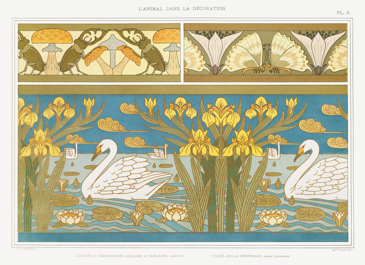 Lucanes et champignons, oxalides et papillons, bordure; cygnes, iris et n&eacute;nuphars, &eacute;mail cloisonn&eacute;from L'animal dans la d&eacute;coration (1897) by Maurice Pillard Verneuil