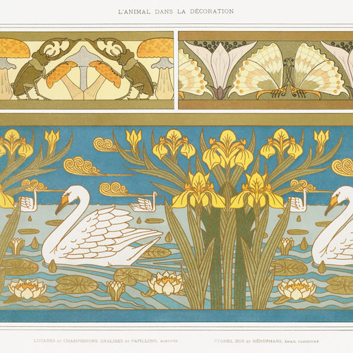 Lucanes et champignons, oxalides et papillons, bordure; cygnes, iris et nénuphars, émail cloisonnéfrom L'animal dans la décoration (1897) by Maurice Pillard Verneuil