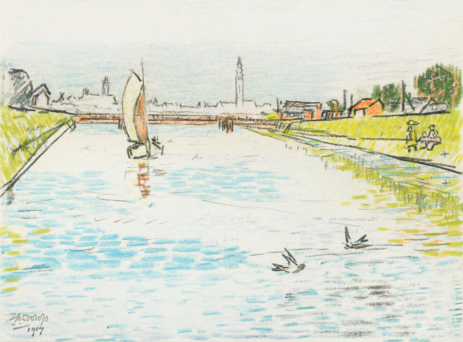 View of a Canal with a Sailing Ship (1907) by Jan Toorop