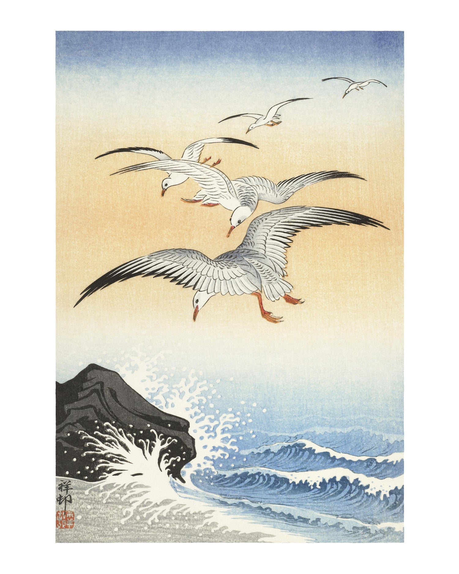 Five seagulls above turbulent sea (ca.1900-1930) by Ohara Koson