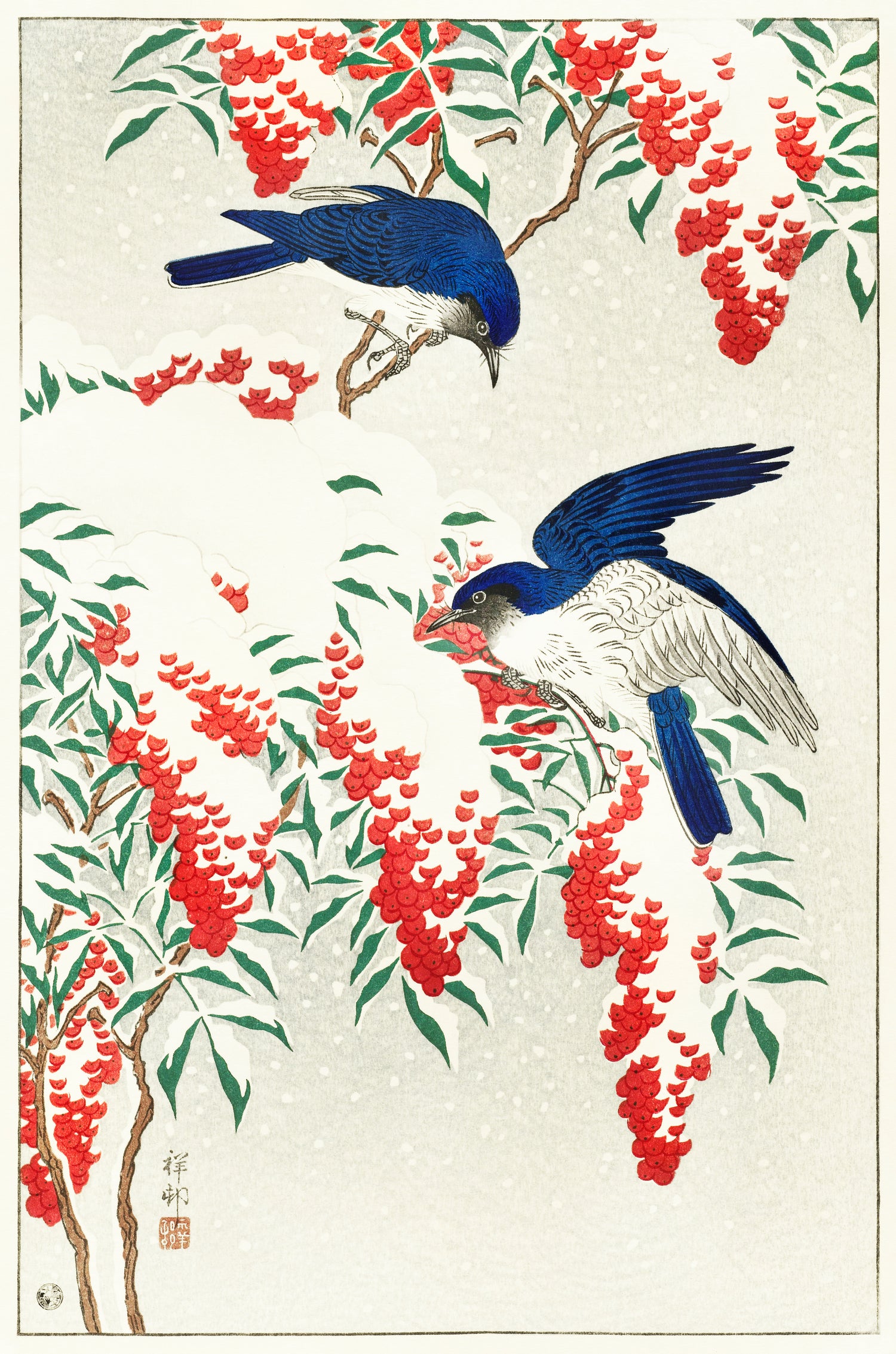 Flycatchers on a nandina bush (1925 - 1936) by Ohara Koson