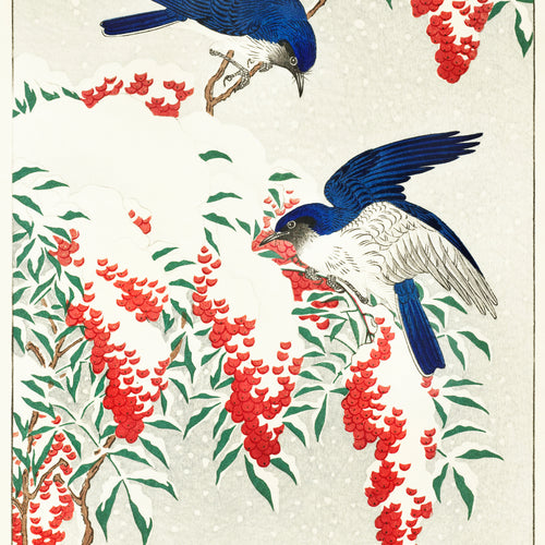 Flycatchers on a nandina bush (1925 - 1936) by Ohara Koson