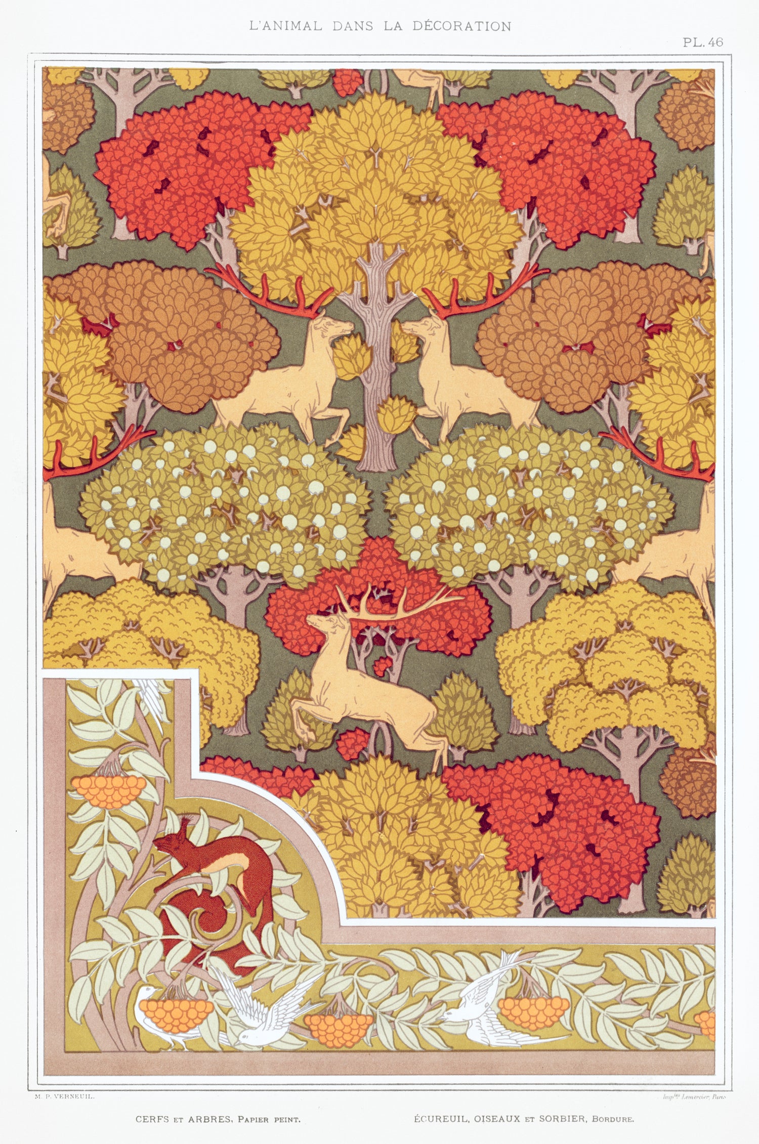 Cerfs et arbres, papier peint. &Eacute;cureuil oiseaux et sorbier, bordure from L'animal dans la d&eacute;coration (1897) by Maurice Pillard Verneuil