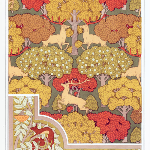 Cerfs et arbres, papier peint. Écureuil oiseaux et sorbier, bordure from L'animal dans la décoration (1897) by Maurice Pillard Verneuil