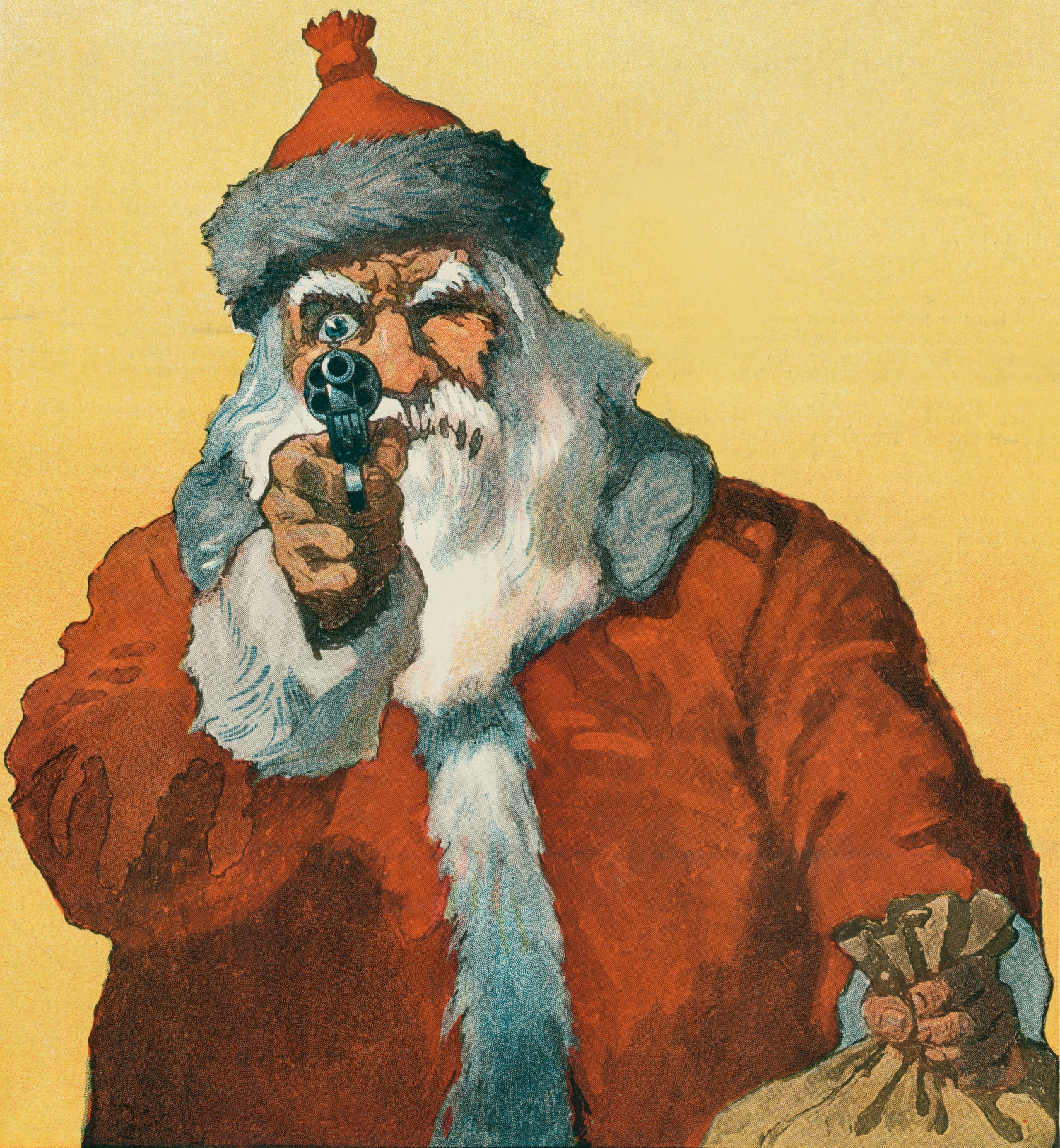 'Hands up!' Photomechanical Print Showing a Santa Claus Pointing a Handgun (1912) by Will Crawford