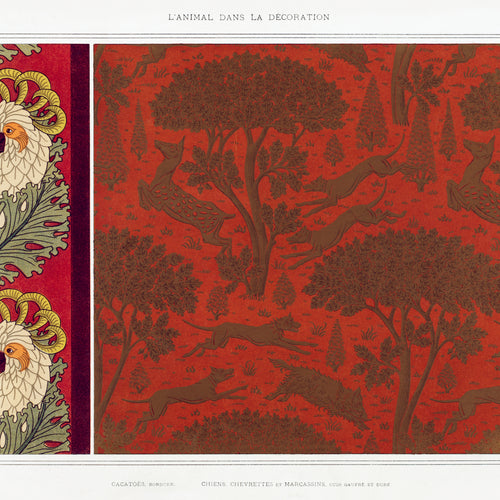 Cacatoès, bordure. Chiens, chevrettes et marcassins, cuir gaufré et doré from L'animal dans la décoration (1897) by Maurice Pillard Verneuil