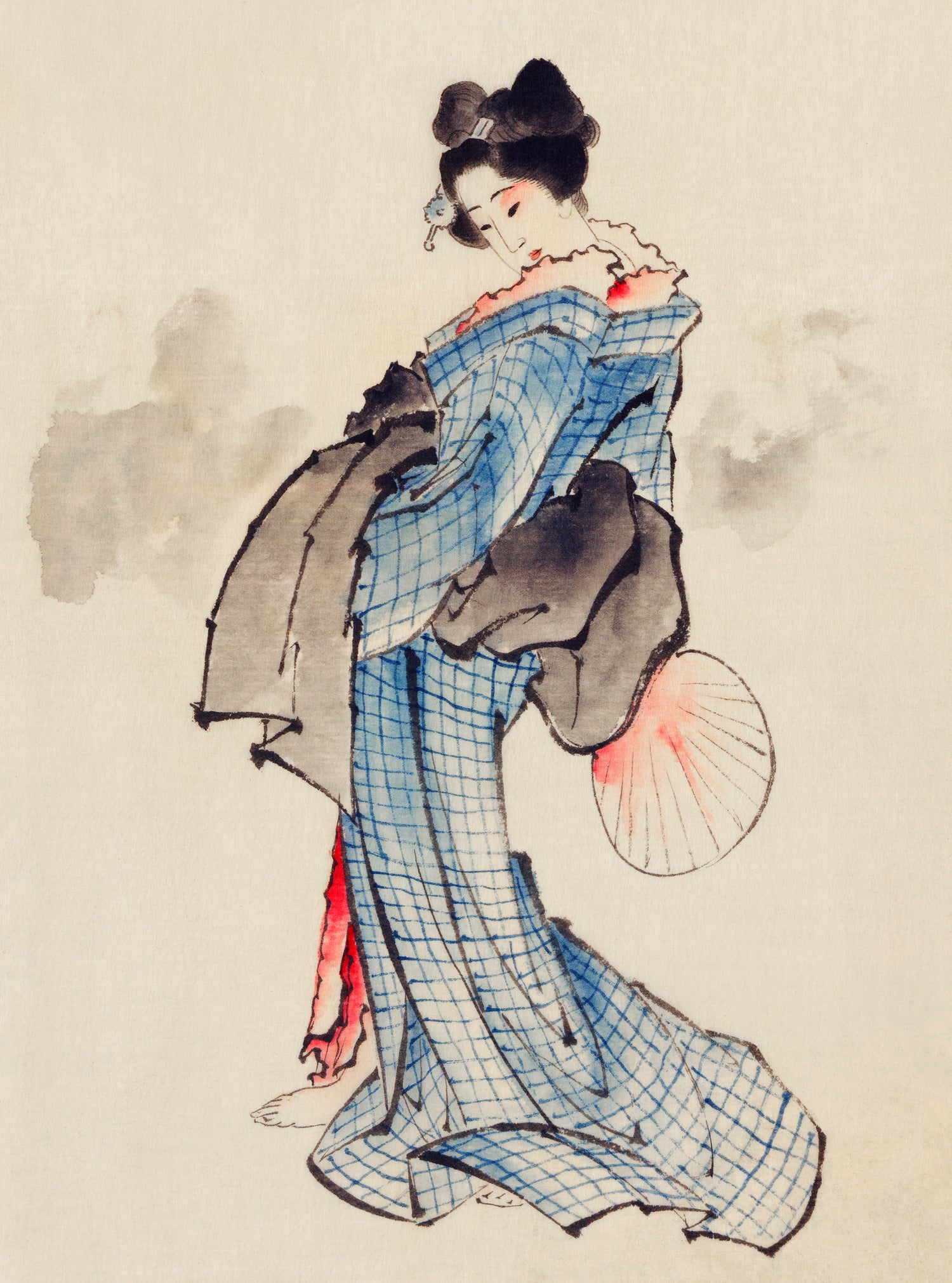 Woman, Full-Length Portrait, Standing, Facing Left, Holding Fan in Right Hand, Wearing Kimono with Check Design (1805) by Katsushika Hokusai