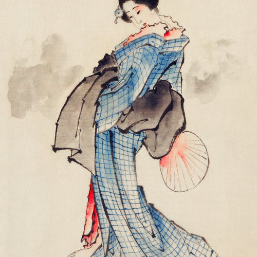 Woman, Full-Length Portrait, Standing, Facing Left, Holding Fan in Right Hand, Wearing Kimono with Check Design (1805) by Katsushika Hokusai