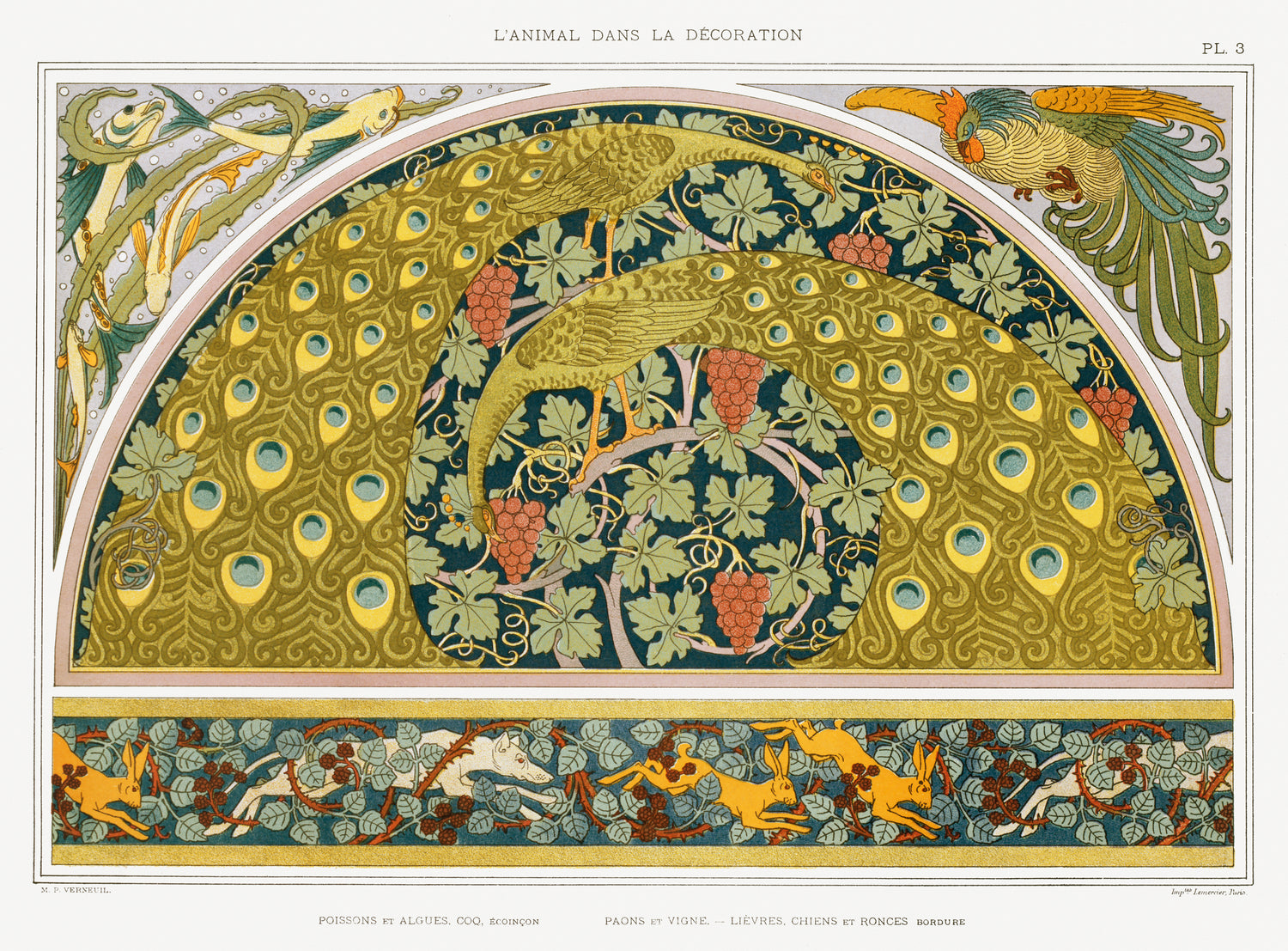 Poissons et algues, coq, &eacute;coin&ccedil;on; paons et vigne; li&egrave;vres, chiens et ronces, bordure from L'animal dans la d&eacute;coration (1897) by Maurice Pillard Verneuil