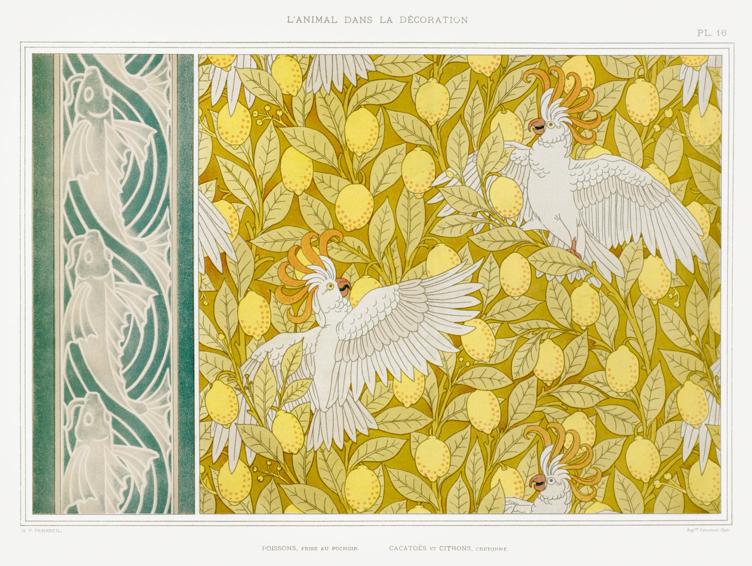 Poissons, frise au pochoir. Cacatoës et citrons, cretonne from L'animal dans la décoration (1897) by Maurice Pillard Verneuil