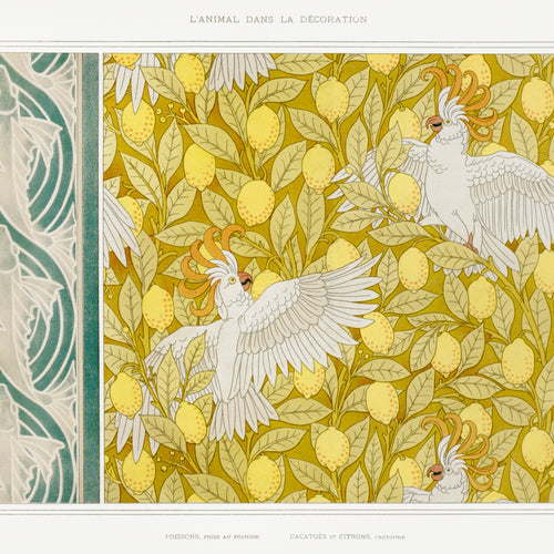 Poissons, frise au pochoir. Cacatoës et citrons, cretonne from L'animal dans la décoration (1897) by Maurice Pillard Verneuil