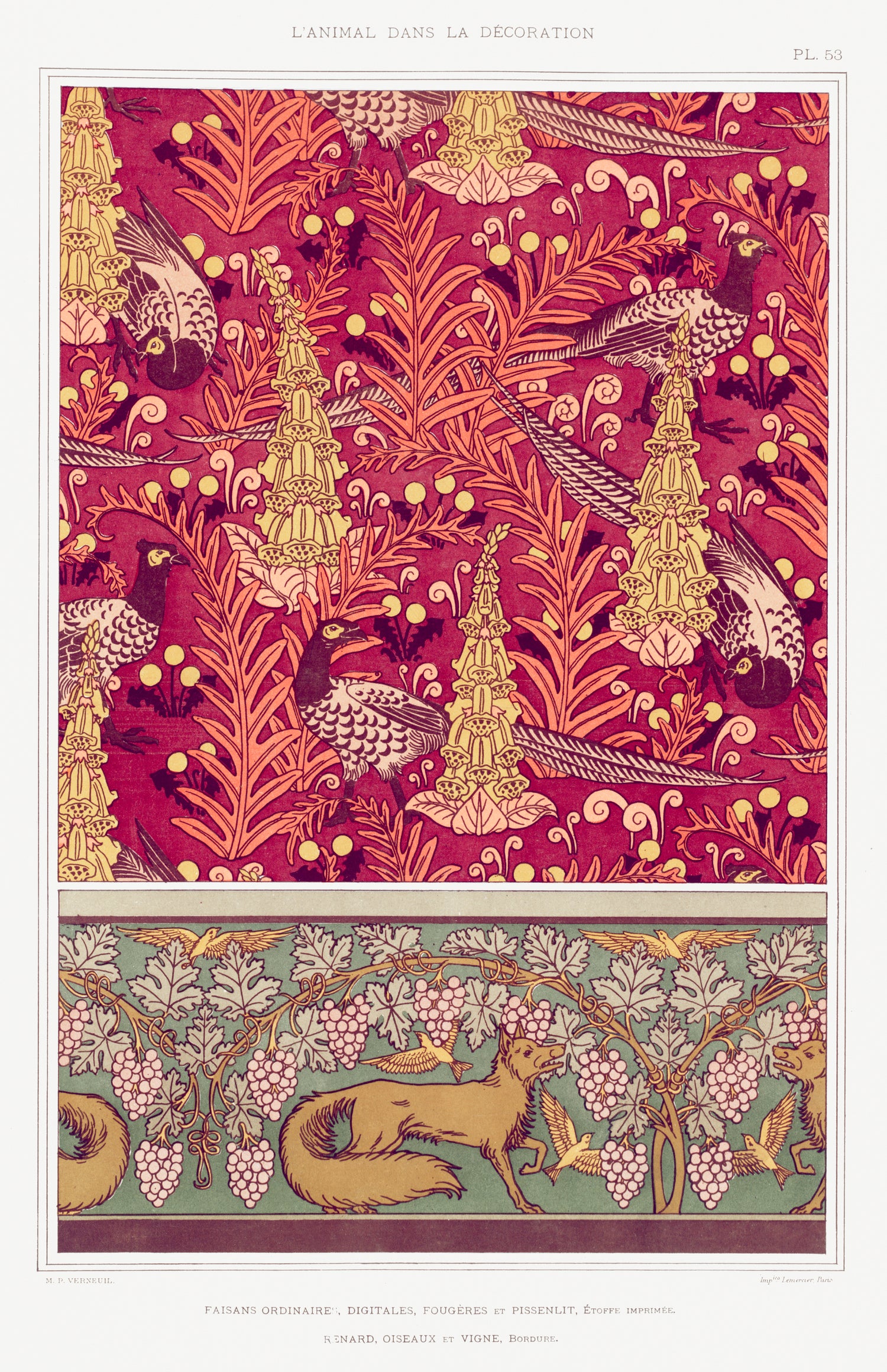 Faisans ordinaires, digitales, fougères et pissenlit, étoffe imprimée. Renard, oiseaux et vigne, from L'animal dans la décoration (1897) by Maurice Pillard Verneuil