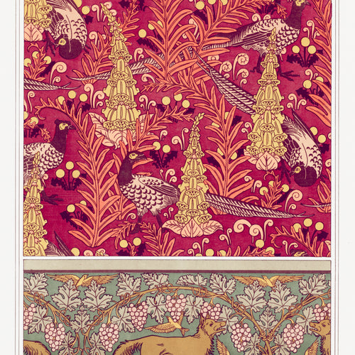 Faisans ordinaires, digitales, fougères et pissenlit, étoffe imprimée. Renard, oiseaux et vigne, from L'animal dans la décoration (1897) by Maurice Pillard Verneuil