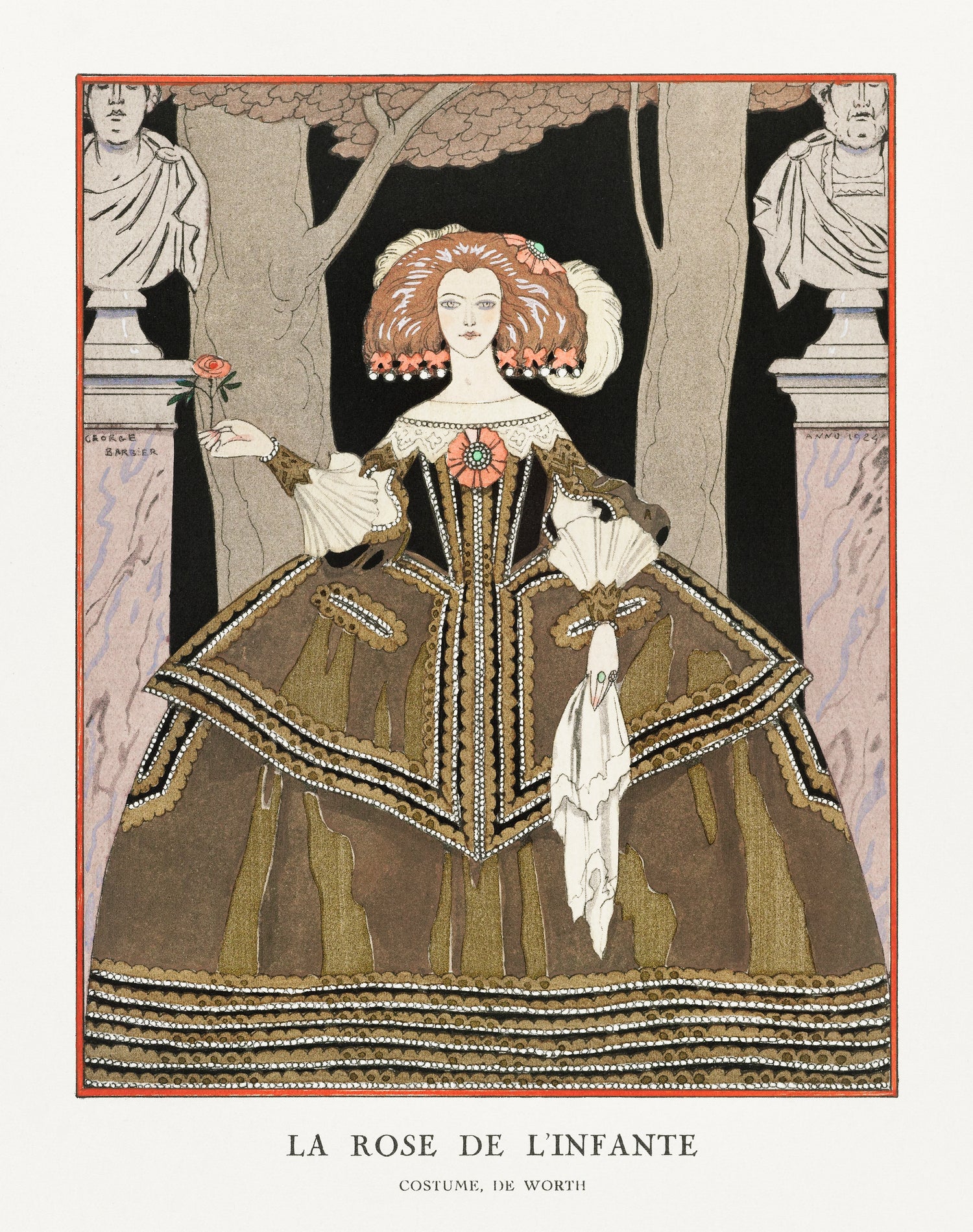 La rose de l'infante: Costume, de Worth from Gazette du Bon Ton. Art- Modes &  Frivolités No. 8 (1924) by George Barbier