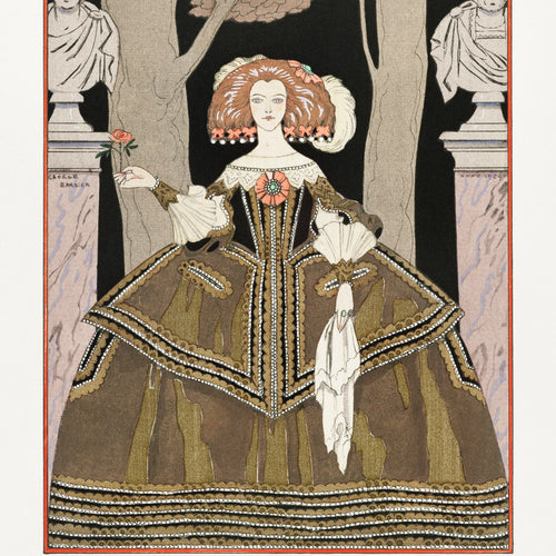 La rose de l'infante: Costume, de Worth from Gazette du Bon Ton. Art- Modes &  Frivolités No. 8 (1924) by George Barbier