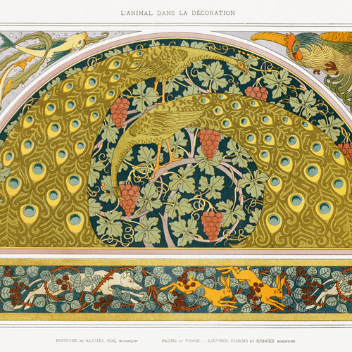 Poissons et algues, coq, écoinçon; paons et vigne; lièvres, chiens et ronces, bordure from L'animal dans la décoration (1897) by Maurice Pillard Verneuil