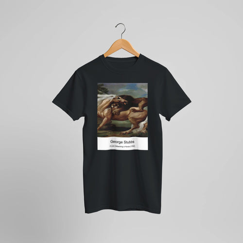 A Lion Attacking a Horse (1762) by George Stubbs. Custom Print on a 100% Airlume Combed and Ring-Spun Cotton Unisex Crewneck T-shirt Optimised Aspect Ratio.