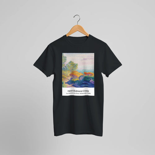 Two Women by the Shore, Mediterranean (1896) by Henri-Edmond Cross. Custom Print on a 100% Airlume Combed and Ring-Spun Cotton Unisex Crewneck T-shirt Optimised Aspect Ratio.