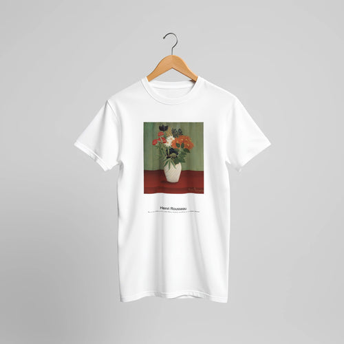 Bouquet of Flowers with China Asters and Tokyos (c. 1900-1910) by Henri Rousseau. Custom Print on a 100% Airlume Combed and Ring-Spun Cotton Unisex Crewneck T-shirt Original Aspect Ratio