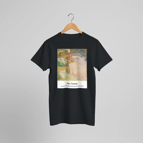 Portrait of Mrs Marie Jeannette de Lange (1900) by Jan Toorop. Custom Print on a 100% Airlume Combed and Ring-Spun Cotton Unisex Crewneck T-shirt Optimised Aspect Ratio.