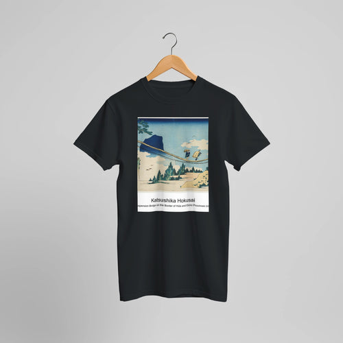 The Suspension Bridge on the Border of Hida and Etchū Provinces (ca. 1834) by Katsushika Hokusai. Custom Print on a 100% Airlume Combed and Ring-Spun Cotton Unisex Crewneck T-shirt Optimised Aspect Ratio.