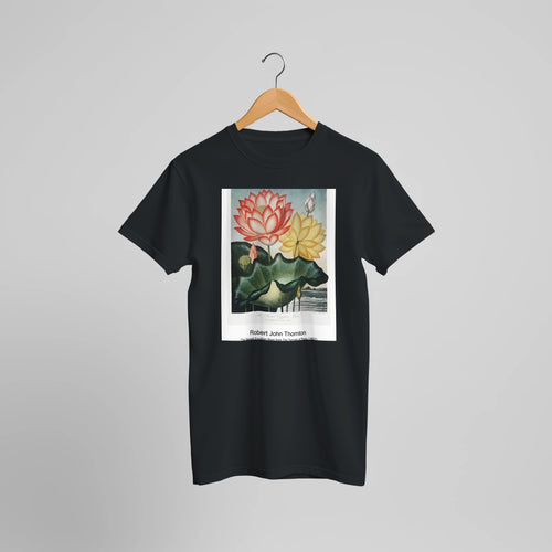 The Narrow-Leaved Kalmia from The Temple of Flora (1807) by Robert John Thornton. Custom Print on a 100% Airlume Combed and Ring-Spun Cotton Unisex Crewneck T-shirt Optimised Aspect Ratio.