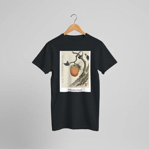 Kakivrucht met sprinkhaan (1890-1900) by Katsushika Hokusai. Custom Print on a 100% Airlume Combed and Ring-Spun Cotton Unisex Crewneck T-shirt Optimised Aspect Ratio.