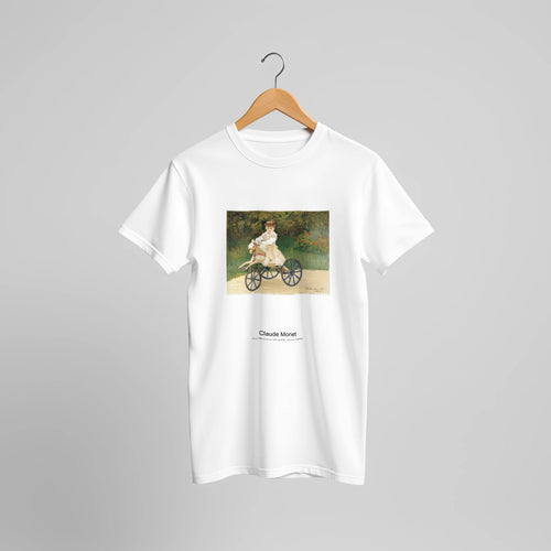 Jean Monet on His Hobby Horse (1872) by Claude Monet. Custom Print on a 100% Airlume Combed and Ring-Spun Cotton Unisex Crewneck T-shirt Original Aspect Ratio