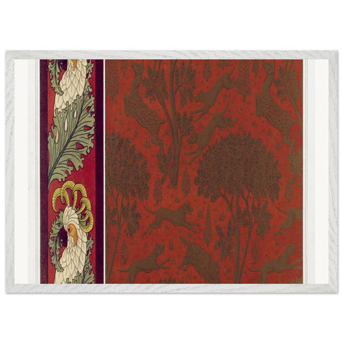 Cacatoès, bordure. Chiens, chevrettes et marcassins, cuir gaufré et doré from L'animal dans la décoration (1897) by Maurice Pillard Verneuil. Archival Print on Museum Quality Matte Paper. Premium Wood Framed Wall Art. Optimised Aspect Ratio.