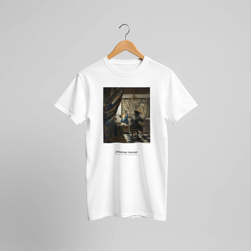 The Allegory of Painting (1666 -1668) by Johannes Vermeer. Custom Print on a 100% Airlume Combed and Ring-Spun Cotton Unisex Crewneck T-shirt Original Aspect Ratio
