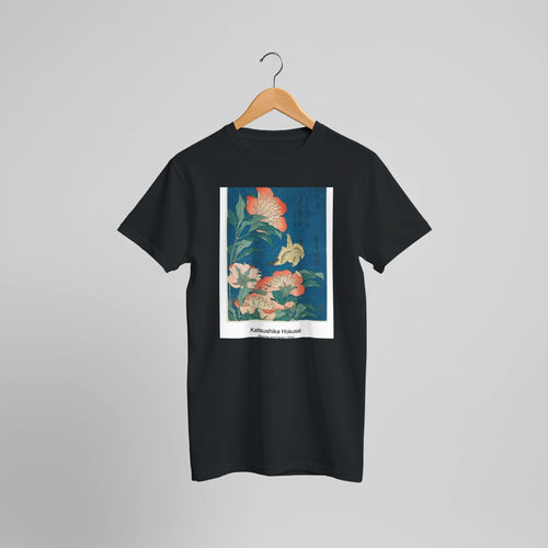 Peonies and Canary (1834) by Katsushika Hokusai. Custom Print on a 100% Airlume Combed and Ring-Spun Cotton Unisex Crewneck T-shirt Optimised Aspect Ratio.