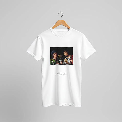 Giovanni Borgherini and His Tutor (1516) by Lorenzo Lotto. Custom Print on a 100% Airlume Combed and Ring-Spun Cotton Unisex Crewneck T-shirt Original Aspect Ratio