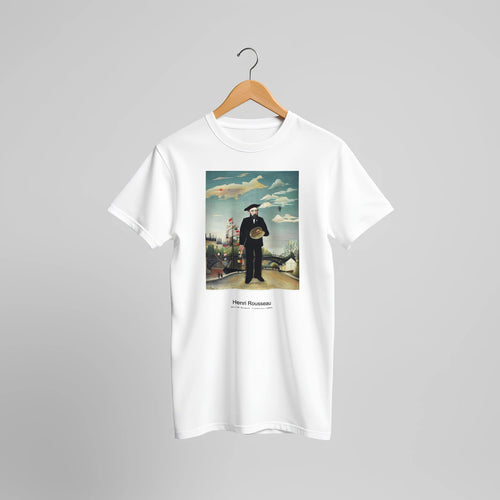 Myself: Portrait - Landscape (1890) by Henri Rousseau. Custom Print on a 100% Airlume Combed and Ring-Spun Cotton Unisex Crewneck T-shirt Original Aspect Ratio