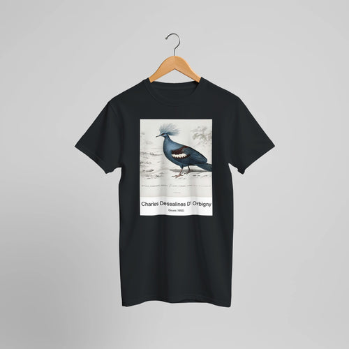 Goura (1892) by Charles Dessalines D' Orbigny. Custom Print on a 100% Airlume Combed and Ring-Spun Cotton Unisex Crewneck T-shirt Optimised Aspect Ratio.