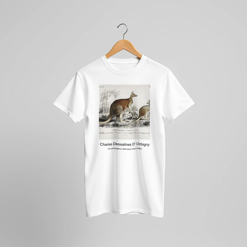 The red kangaroo (Macropus rufus) (1892) by Charles Dessalines D' Orbigny. Custom Print on a 100% Airlume Combed and Ring-Spun Cotton Unisex Crewneck T-shirt Original Aspect Ratio