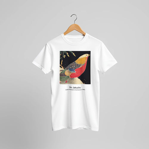 Golden Pheasant in the Snow (ca. 1900) by Ito Jakuchu. Custom Print on a 100% Airlume Combed and Ring-Spun Cotton Unisex Crewneck T-shirt Original Aspect Ratio