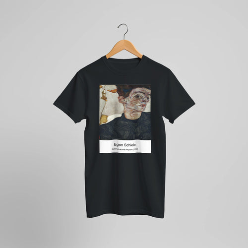 Self-Portrait with Physalis (1912) by Egon Schiele. Custom Print on a 100% Airlume Combed and Ring-Spun Cotton Unisex Crewneck T-shirt Optimised Aspect Ratio.