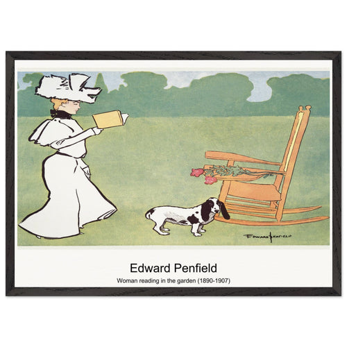 Woman reading in the garden (1890-1907) by Edward Penfield. Archival Print on Museum Quality Matte Paper. Premium Wood Framed Wall Art. Optimised Aspect Ratio.