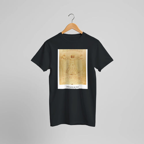 Vitruvian Man (1492) by Leonardo da Vinci. Custom Print on a 100% Airlume Combed and Ring-Spun Cotton Unisex Crewneck T-shirt Optimised Aspect Ratio.