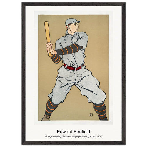 Vintage drawing of a baseball player holding a bat (1908) by Edward Penfield. Archival Print on Museum Quality Matte Paper. Premium Wood Framed Wall Art. Original Aspect Ratio
