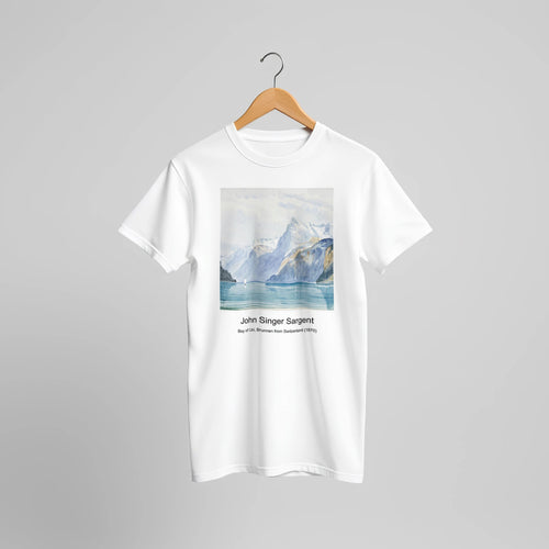 Bay of Uri, Brunnen from Switzerland (1870) by John Singer Sargent. Custom Print on a 100% Airlume Combed and Ring-Spun Cotton Unisex Crewneck T-shirt Original Aspect Ratio