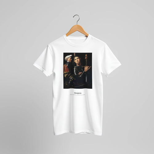 Portrait of Warrior with his Equerry (1509) by Giorgione. Custom Print on a 100% Airlume Combed and Ring-Spun Cotton Unisex Crewneck T-shirt Original Aspect Ratio