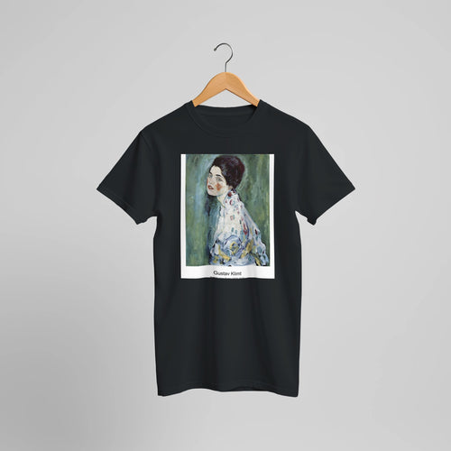 Porträt einer Dame (1916-1917) by Gustav Klimt. Custom Print on a 100% Airlume Combed and Ring-Spun Cotton Unisex Crewneck T-shirt Optimised Aspect Ratio.