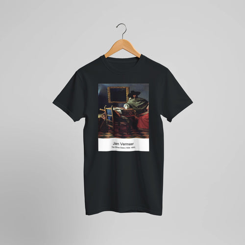 The Wine Glass (1658 -1660) by Jan Vermeer. Custom Print on a 100% Airlume Combed and Ring-Spun Cotton Unisex Crewneck T-shirt Optimised Aspect Ratio.