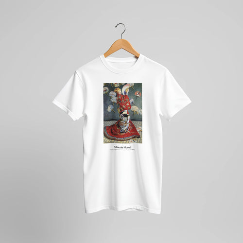 Camille Monet In Japanese Costume (1876) by Claude Monet. Custom Print on a 100% Airlume Combed and Ring-Spun Cotton Unisex Crewneck T-shirt Original Aspect Ratio