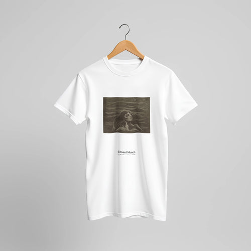 On the Waves of Love (1896) by Edvard Munch. Custom Print on a 100% Airlume Combed and Ring-Spun Cotton Unisex Crewneck T-shirt Original Aspect Ratio