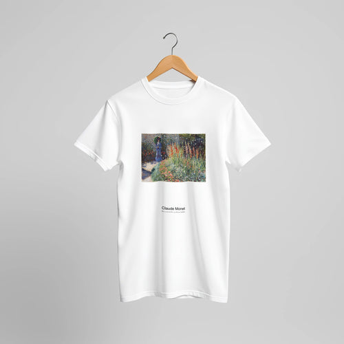Rounded Flower Bed (1876) by Claude Monet. Custom Print on a 100% Airlume Combed and Ring-Spun Cotton Unisex Crewneck T-shirt Original Aspect Ratio