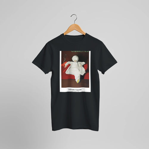 JOB Cigarettes (1912) by Leonetto Cappiello. Custom Print on a 100% Airlume Combed and Ring-Spun Cotton Unisex Crewneck T-shirt Optimised Aspect Ratio.