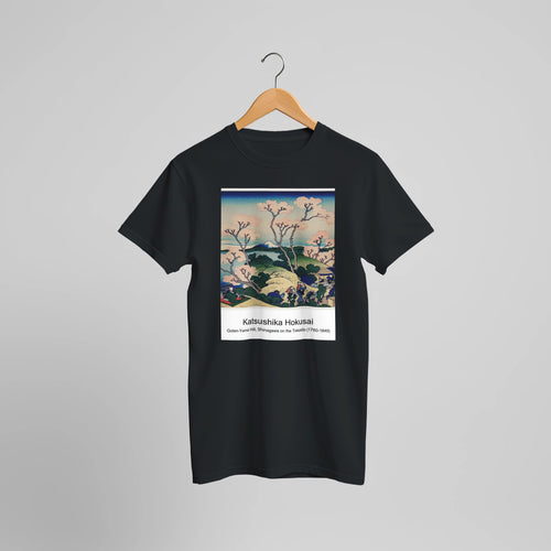 Goten-Yama Hill, Shinagawa on the Tokaido (1760-1849) by Katsushika Hokusai. Custom Print on a 100% Airlume Combed and Ring-Spun Cotton Unisex Crewneck T-shirt Optimised Aspect Ratio.